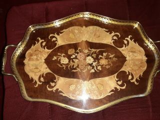 Vintage Large Wooden Serving Tray Inlaid Marquetry With Brass Sides & Handles