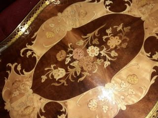 Vintage Large Wooden Serving Tray Inlaid Marquetry With Brass Sides & Handles 2