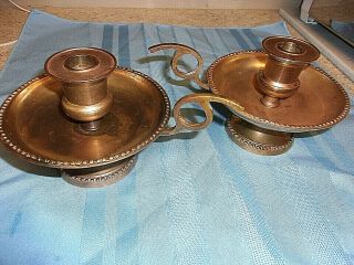 Vintage Footed Brass Chamber Stick/candle Holders W/ Finger Handles