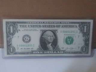 Fancy Serial Number - 2013 Us $1 One Dollar Bill G00001201 - Low 