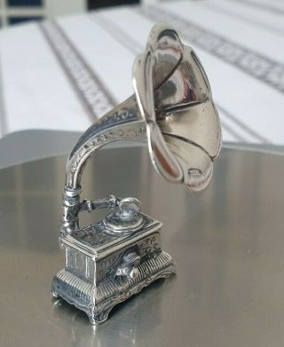 Vintage Solid Silver Italian Miniature Of A Gramophone Large Hallmarked