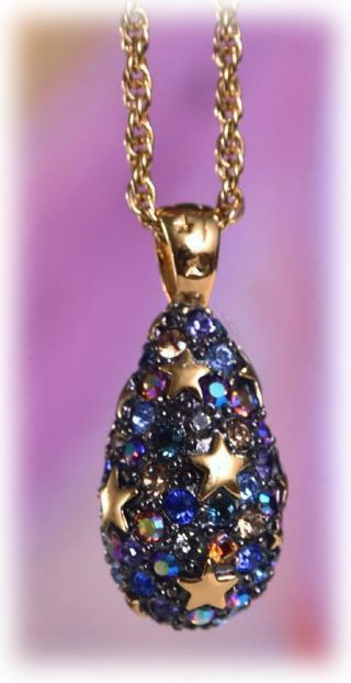 Rare Joan Rivers Gold W Blue Aurora Crystal Star Egg Pendant Necklace Astrology