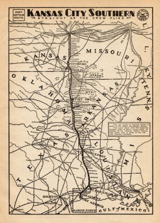 1932 Antique Kansas City Southern Railroad Map Vintage Railway Map 7836