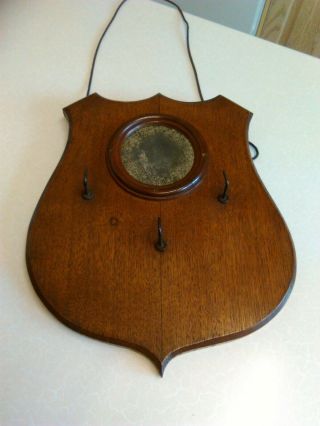 Edwardian Shield Shaped Oak Coat/key Rack With Round Mirror (1915)