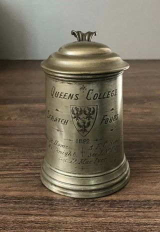 Antique Queens College Scratch Fours 1892 Trophy Pewter Mug 2