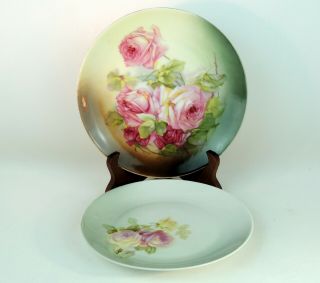 Z S & C Bavaria Cabinet Plates Hand Painted Pink Roses Set Of 2 Plates Antique