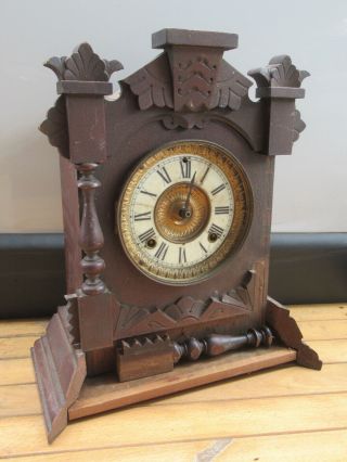 An Antique Vintage Clockwork Clock In Wooden Case By Ansonia Usa To Restore