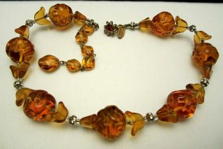 Rare Vintage Signed Miriam Haskell Goldtone Amber Art Glass Bead 16 " Necklace 42