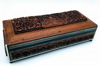 19th Century Anglo Indian Vizagapatam Carved Sandalwood Box Micro Mosaic Inlays
