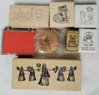 Vtg Rubber Stamp Mixed Lot Hula Dog Cat Mouse Kitten Bunny Reward Wood Ink Pad