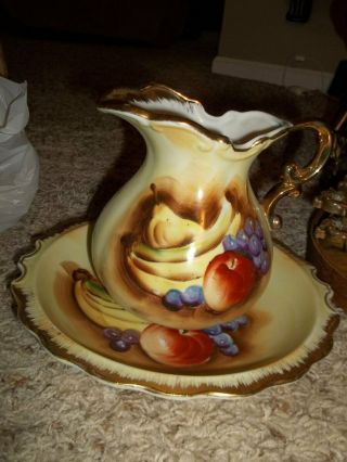 Vintage Fruit Motif Porcelain Pitcher And Bowl 8 "