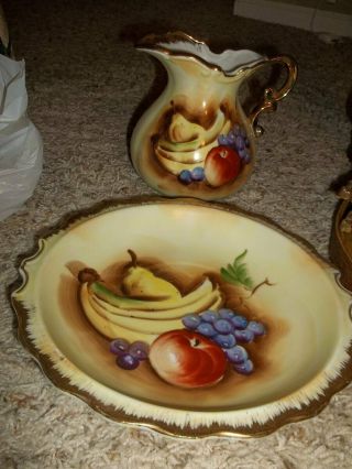 Vintage Fruit Motif Porcelain Pitcher and Bowl 8 