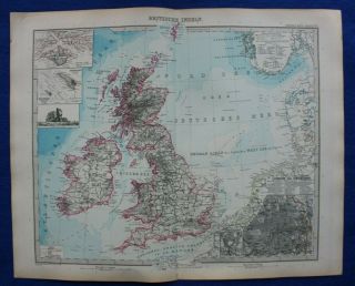 Antique Map British Isles,  London City Plan,  Heligoland,  Stieler,  1891