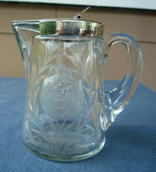 Antique American Brilliant Cut Glass Syrup Cream Pitcher Frosted Roses Metal Lid