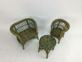 Vintage Barbie Size Cane Wicker Furniture 3pc Set Table Love Seat Chair Green