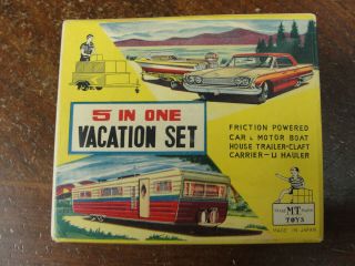 Rare Japan Tin Toy M.  T Toys 5 In One Vacation Set Mib Car Boat Trailer