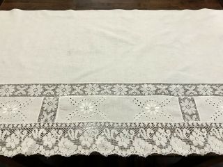 Antique Handmade White 26 " X63 " Dresser Scarf W/ Floral Embroidery & Lace (rf738)