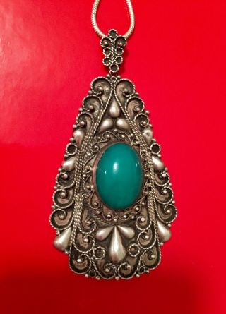 Antique Large Sterling Green Stone Pendant Necklace Hand Made In Greece
