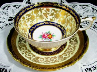 Paragon Cobalt Fancy Gold Gilt Rose Floral Tea Cup And Saucer Marriage