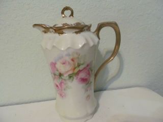 Antique Germany Three Crown China 10 " Chocolate Pot Coffee Rose Floral