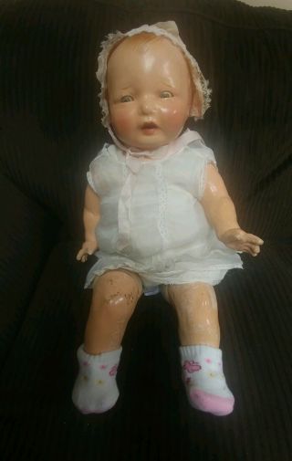 Antique Vintage 1930s Baby Doll 21 " Composition Mama Doll Open Mouth Tin Eyes