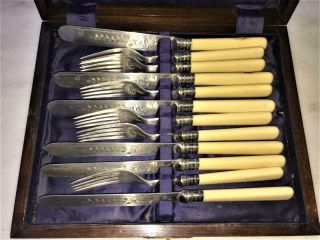 Boxed - 6 J A Scholes Antique Sterling Silver & Ivorine Fish Knives & Forks 2