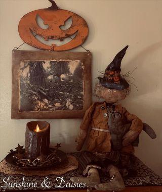 Primitive Farmhouse Grungy Witch W/cat Folk Art Harvest Halloween Home Decor