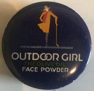 Antique Outdoor Girl Face Powder Tin Litho Golf Art Deco Empty Olive Oil