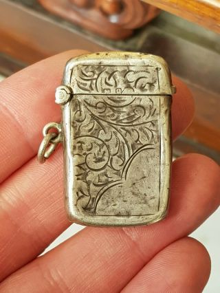 Antique - Solid Silver Fob Match Vesta Case - Engraved - B 