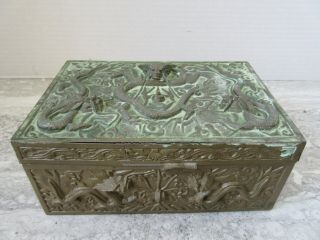 Vintage Made In China Cast Brass Embossed Dragon Wood Lined Dresser Box