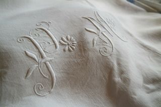 Antique French Linen Sheet Hand Loomed Pure Linen Large P.  M Floral Monogram P15