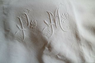 Antique French Linen Sheet hand loomed pure linen large P.  M floral monogram p15 2