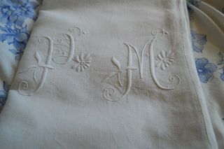 Antique French Linen Sheet hand loomed pure linen large P.  M floral monogram p15 3