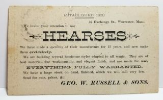 Rare 1883 Funeral Hearse Ad,  Worcester,  Massachusetts,  Postal Card,  One Cent Ux5
