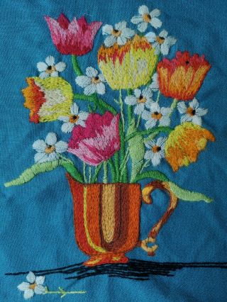 Vintage Hand Embroidered Wool Work Floral Colourful Panel Vase Flowers