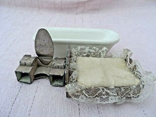 Vintage Cast Metal Dolls House Bed & Dressing Table By Dinky Toys,  Roll Top Bath