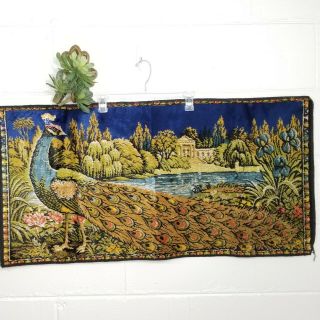 Vintage 70s Peacock Wall Art Tapestry Low Pile 19.  25 " X 38 " Soft Hand Woven