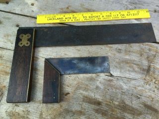2 Vintage Try Square Tools Wooden Handle Brass Inlay Antique Old Rare