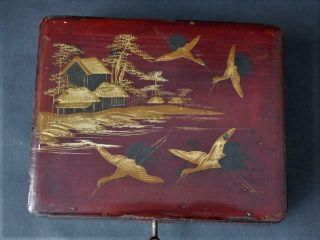 Antique Japanese Lacquered Box With Key,  Lock,  Cranes Decoration