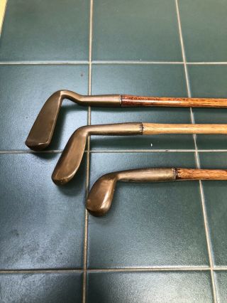 Hickory Golf Clubs A Set Of 3 Brass Head Irons Different Types Of Rare Styles
