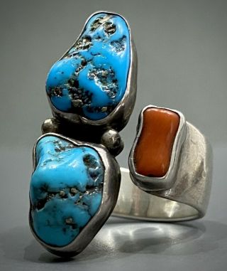 Large Vintage Navajo Sterling Silver Kingman Turquoise & Coral Ring Rare Design