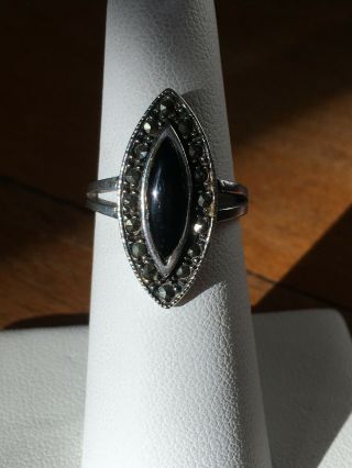 Vintage Sterling Silver Marcasite And Onyx Ring