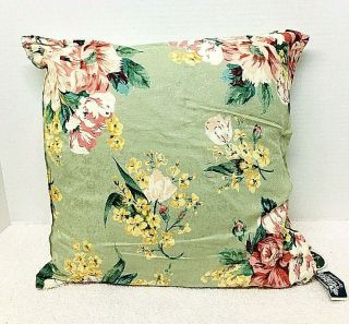 Nwt Vintage April Cornell Pink Roses On Sage Green Floral W Feather Pillow 16x16