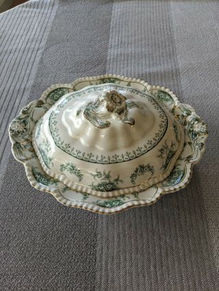 John Maddock & Sons Warwick Oval Covered Vegetable,  Antique,  Gold And Green