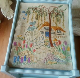 Vintage Linen Hand Embroidered Panel Crinoline Lady Cottage Garden Blue Birds