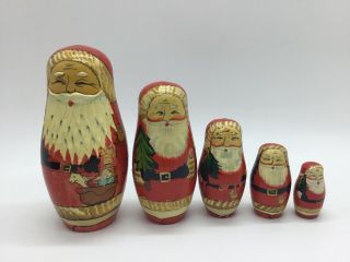 Vintage Russian Style Wood Santa Nesting Dolls Hand Painted Set Of 5 Christmas