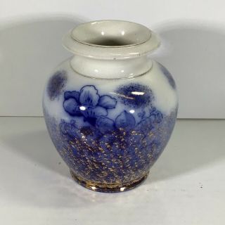 Rare Antique Flow Blue Porcelain Vase Flowers With Gold Gliding 5”