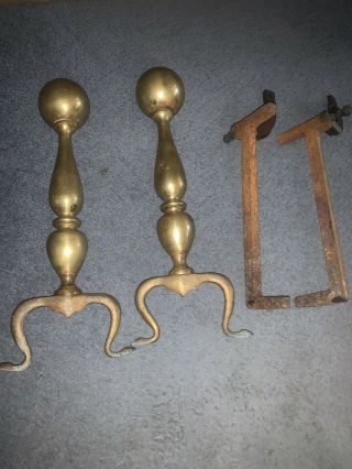 Vintage 20 " Brass Fireplace Andirons (log Holders) - Colonial Design