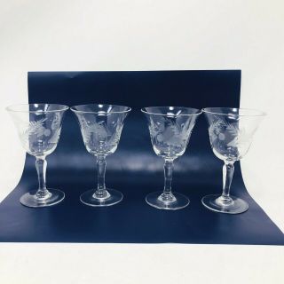 Vintage Crystal Sherry Cordial Set Of 4 Glasses Etched Pine Cone Bough Pattern