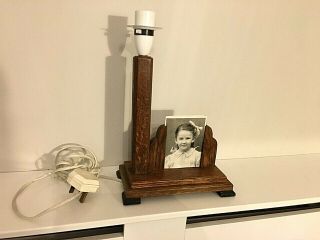 Rare Art Deco English Oak Table Lamp With Photo Frame From Storage